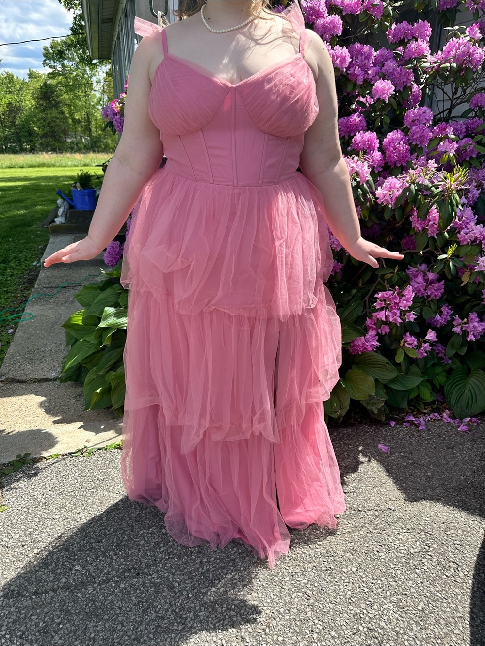 David's Bridal Pink Tiered Tulle Prom Dress